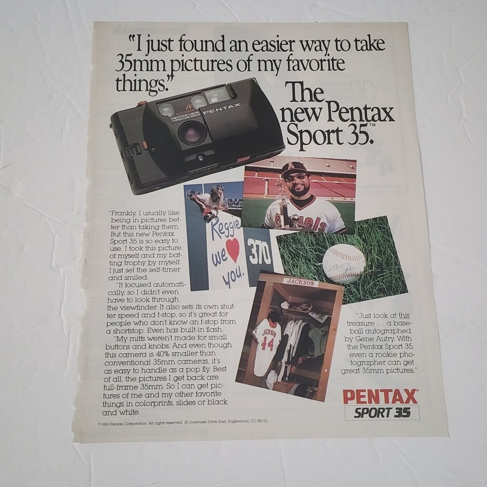 Vintage Print Ad Reggie Jackson Pentax Sport 35 camera baseball 1983 clipping